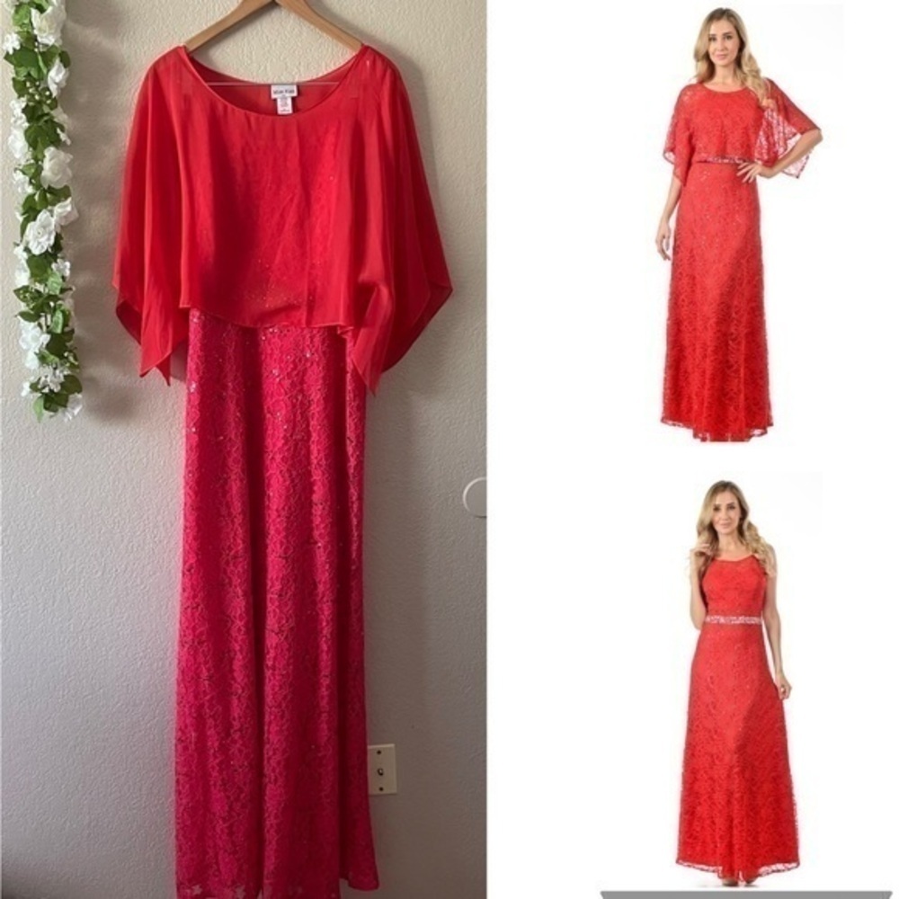 Women’s Plus Size Coral Red Chiffon Caplet Sequin Lace Formal Dress 2 Piece Set